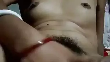 Slim girl hairy pussy fingering and licking wet fingers