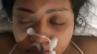 Huge facial cum upon mouth watery blowjob by wife